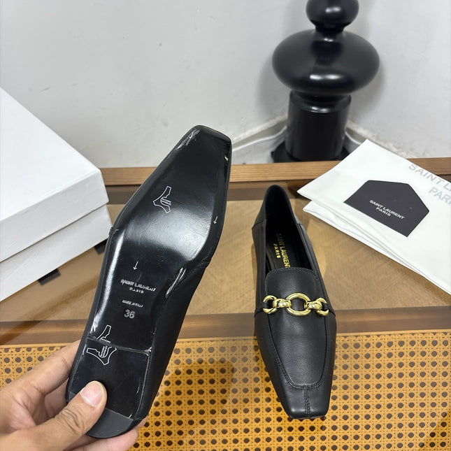 YSL 26S SQUARE-TOE LOAFERS IN BLACK CALFSKIN WITH GOLD HARDWARE