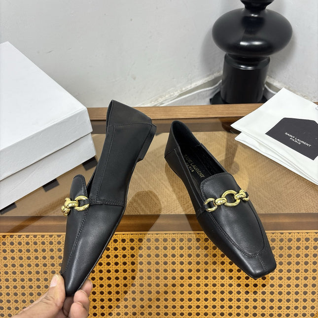 YSL 26S SQUARE-TOE LOAFERS IN BLACK CALFSKIN WITH GOLD HARDWARE