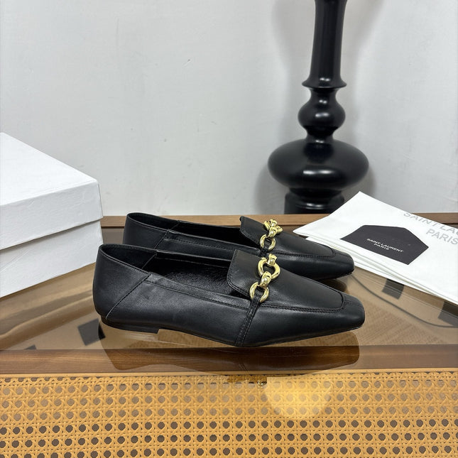 YSL 26S SQUARE-TOE LOAFERS IN BLACK CALFSKIN WITH GOLD HARDWARE