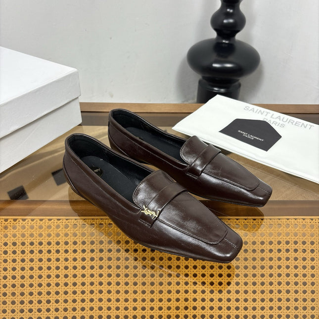 YSL 26S SQUARE-TOE LOAFERS IN CHOCOLATE BROWN SHINY CALFSKIN