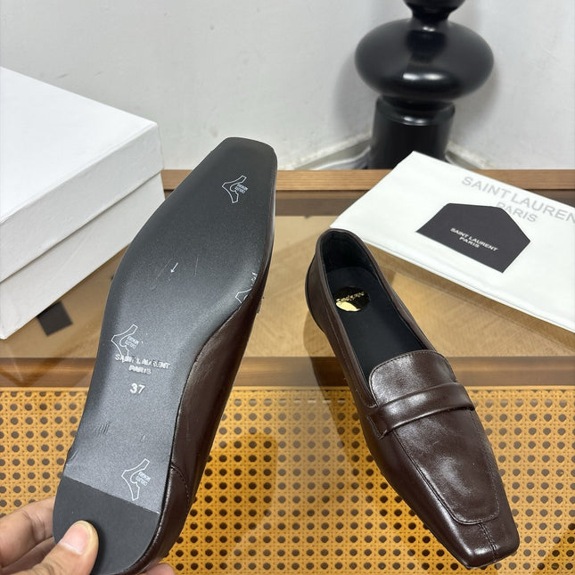 YSL 26S SQUARE-TOE LOAFERS IN CHOCOLATE BROWN SHINY CALFSKIN