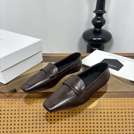 YSL 26S SQUARE-TOE LOAFERS IN CHOCOLATE BROWN SHINY CALFSKIN