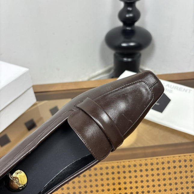 YSL 26S SQUARE-TOE LOAFERS IN CHOCOLATE BROWN SHINY CALFSKIN