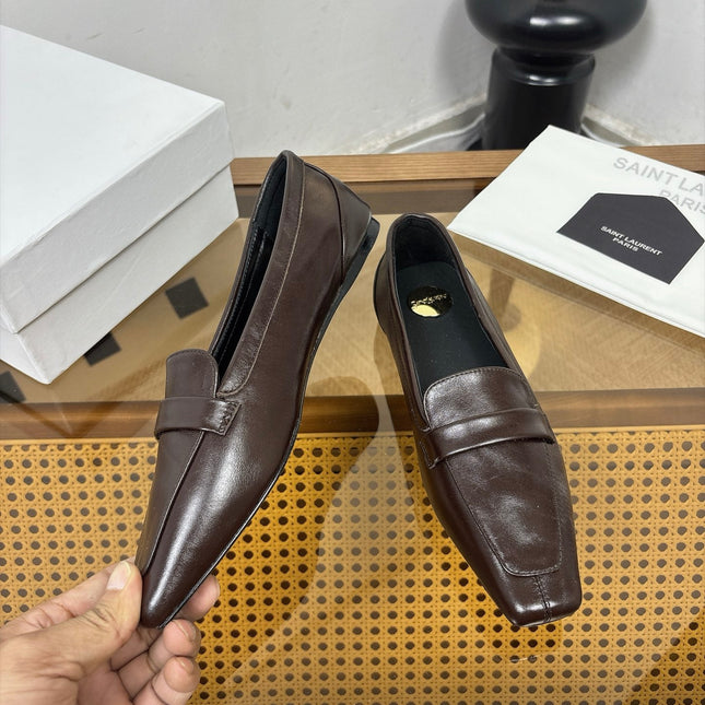 YSL 26S SQUARE-TOE LOAFERS IN CHOCOLATE BROWN SHINY CALFSKIN