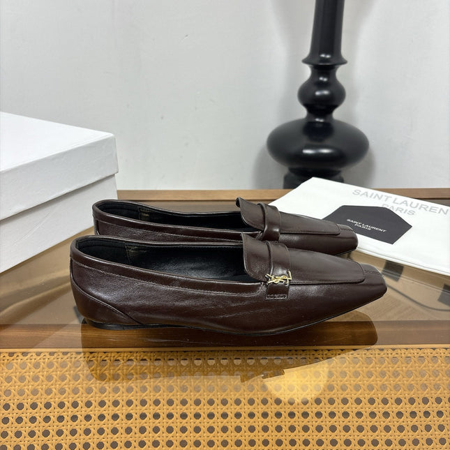 YSL 26S SQUARE-TOE LOAFERS IN CHOCOLATE BROWN SHINY CALFSKIN