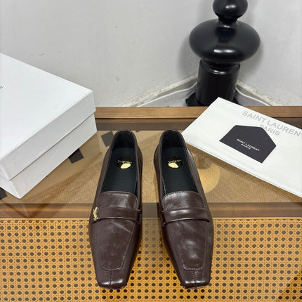 YSL 26S SQUARE-TOE LOAFERS IN CHOCOLATE BROWN SHINY CALFSKIN