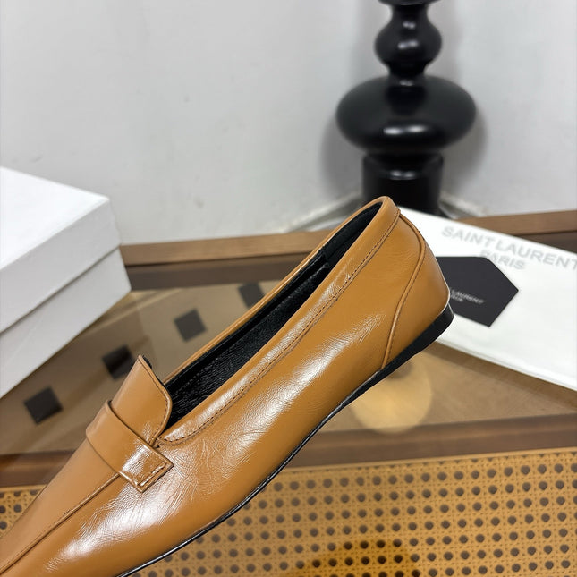 YSL 26S SQUARE-TOE LOAFERS IN CAMEL BROWN SHINY CALFSKIN