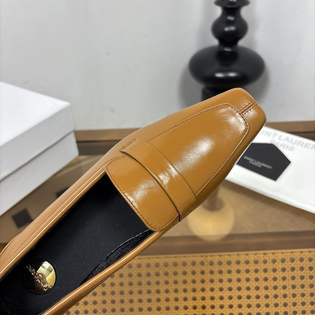 YSL 26S SQUARE-TOE LOAFERS IN CAMEL BROWN SHINY CALFSKIN