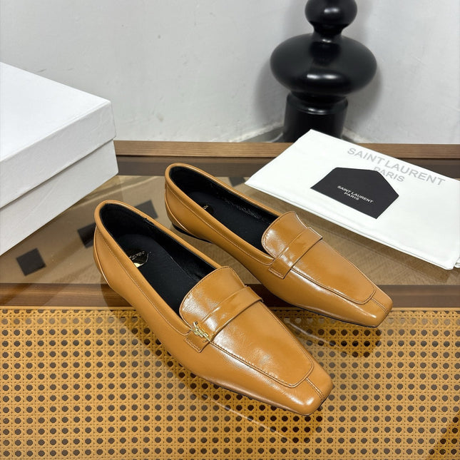 YSL 26S SQUARE-TOE LOAFERS IN CAMEL BROWN SHINY CALFSKIN