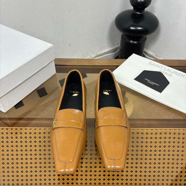 YSL 26S SQUARE-TOE LOAFERS IN CAMEL BROWN SHINY CALFSKIN
