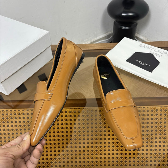 YSL 26S SQUARE-TOE LOAFERS IN CAMEL BROWN SHINY CALFSKIN