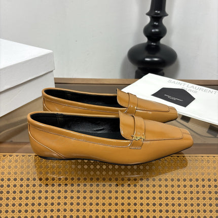 YSL 26S SQUARE-TOE LOAFERS IN CAMEL BROWN SHINY CALFSKIN