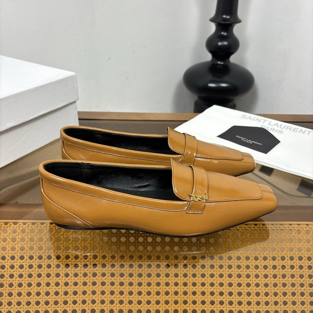 YSL 26S SQUARE-TOE LOAFERS IN CAMEL BROWN SHINY CALFSKIN