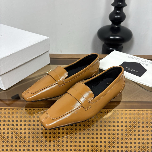 YSL 26S SQUARE-TOE LOAFERS IN CAMEL BROWN SHINY CALFSKIN
