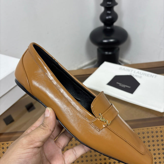 YSL 26S SQUARE-TOE LOAFERS IN CAMEL BROWN SHINY CALFSKIN