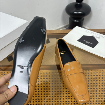 YSL 26S SQUARE-TOE LOAFERS IN CAMEL BROWN SHINY CALFSKIN