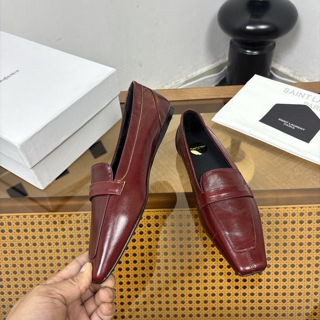 YSL 26S SQUARE-TOE LOAFERS IN DARK RED SHINY CALFSKIN