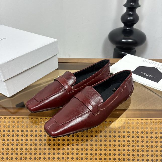 YSL 26S SQUARE-TOE LOAFERS IN DARK RED SHINY CALFSKIN