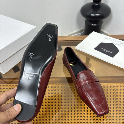 YSL 26S SQUARE-TOE LOAFERS IN DARK RED SHINY CALFSKIN
