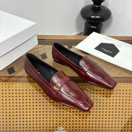 YSL 26S SQUARE-TOE LOAFERS IN DARK RED SHINY CALFSKIN