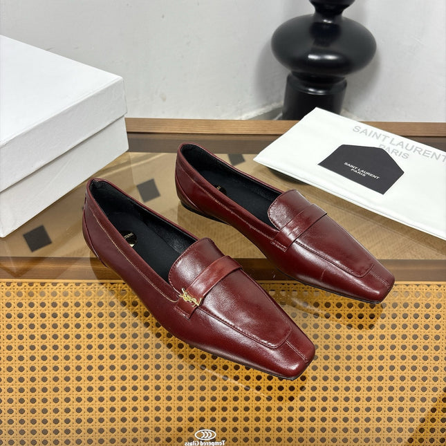 YSL 26S SQUARE-TOE LOAFERS IN DARK RED SHINY CALFSKIN