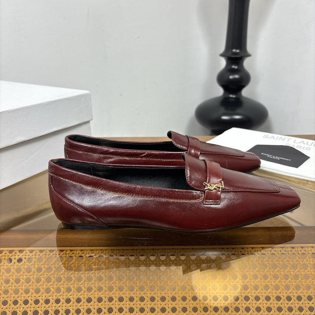 YSL 26S SQUARE-TOE LOAFERS IN DARK RED SHINY CALFSKIN