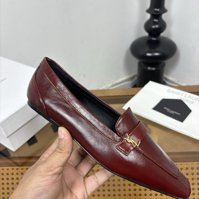 YSL 26S SQUARE-TOE LOAFERS IN DARK RED SHINY CALFSKIN