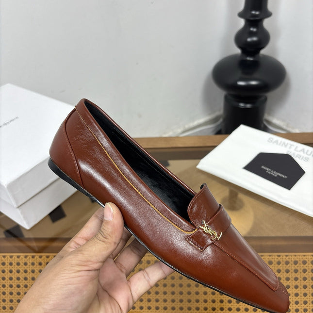 YSL 26S SQUARE-TOE LOAFERS IN BROWN SHINY CALFSKIN