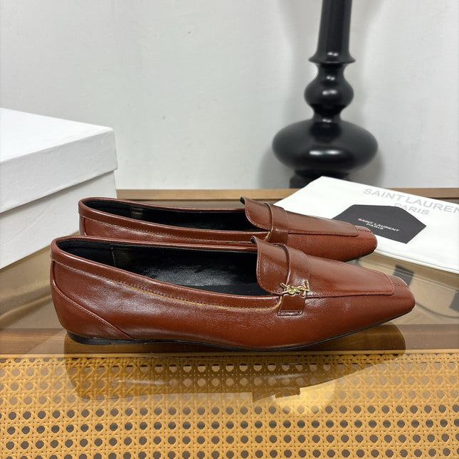 YSL 26S SQUARE-TOE LOAFERS IN BROWN SHINY CALFSKIN