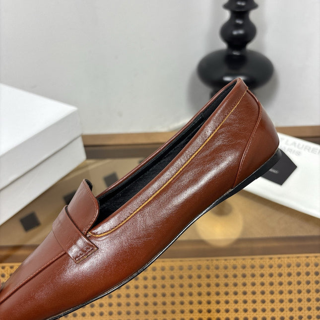 YSL 26S SQUARE-TOE LOAFERS IN BROWN SHINY CALFSKIN