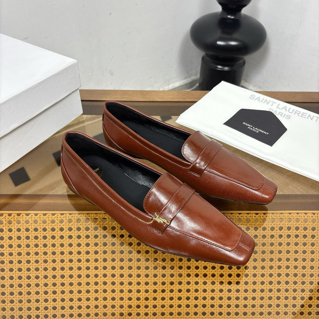 YSL 26S SQUARE-TOE LOAFERS IN BROWN SHINY CALFSKIN