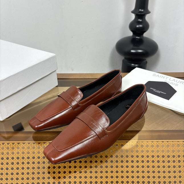 YSL 26S SQUARE-TOE LOAFERS IN BROWN SHINY CALFSKIN