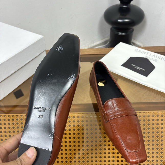 YSL 26S SQUARE-TOE LOAFERS IN BROWN SHINY CALFSKIN