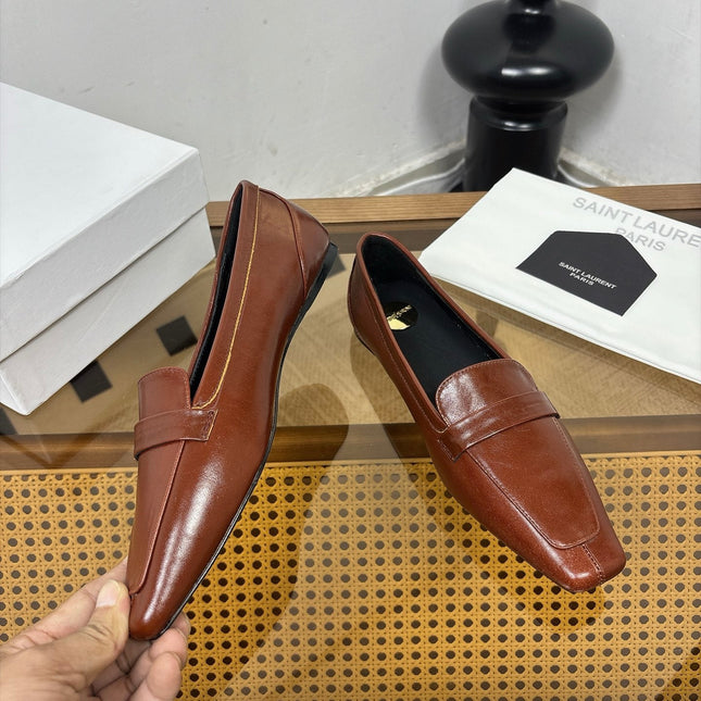 YSL 26S SQUARE-TOE LOAFERS IN BROWN SHINY CALFSKIN