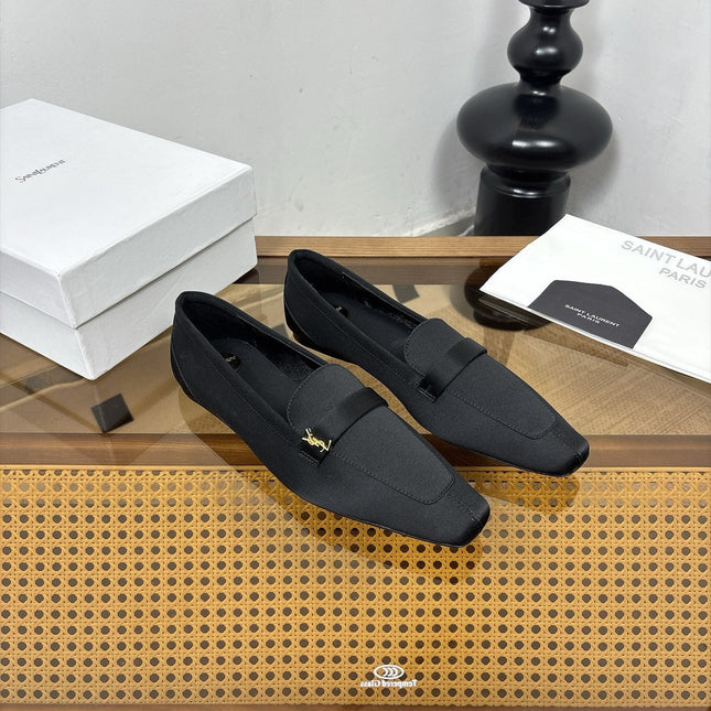 YSL 26S SQUARE-TOE LOAFERS IN BLACK SATIN