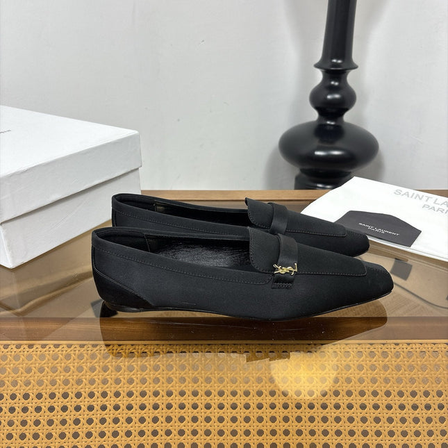 YSL 26S SQUARE-TOE LOAFERS IN BLACK SATIN