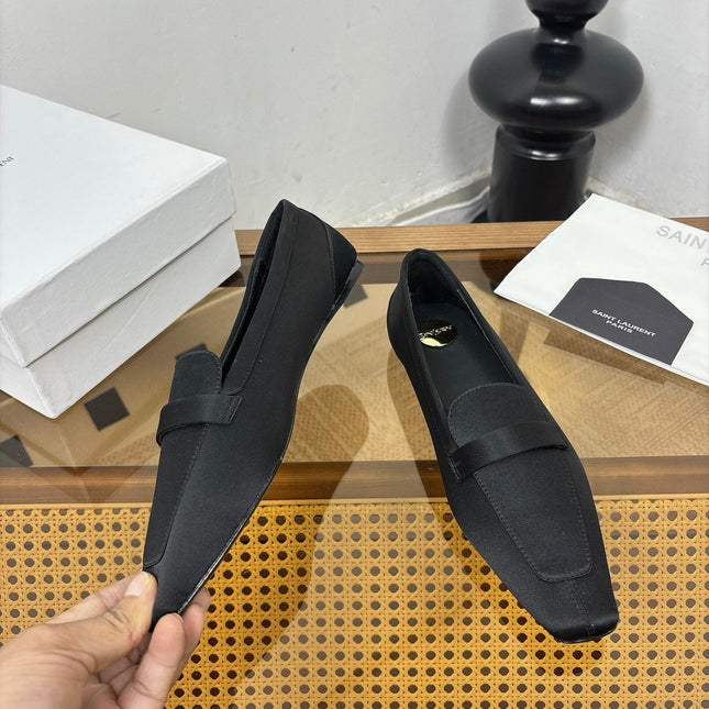 YSL 26S SQUARE-TOE LOAFERS IN BLACK SATIN