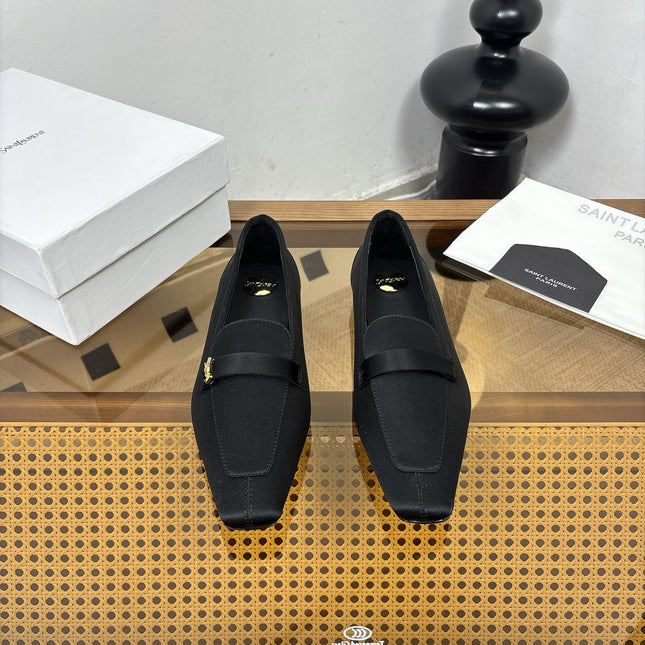 YSL 26S SQUARE-TOE LOAFERS IN BLACK SATIN