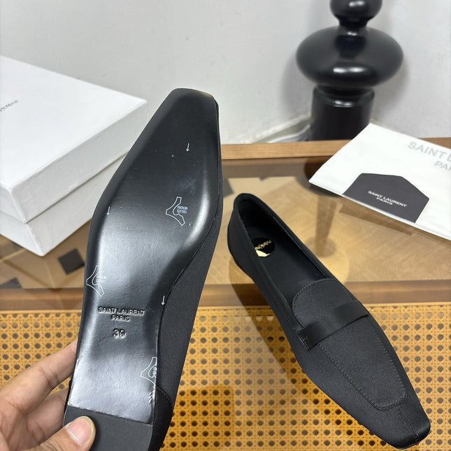 YSL 26S SQUARE-TOE LOAFERS IN BLACK SATIN