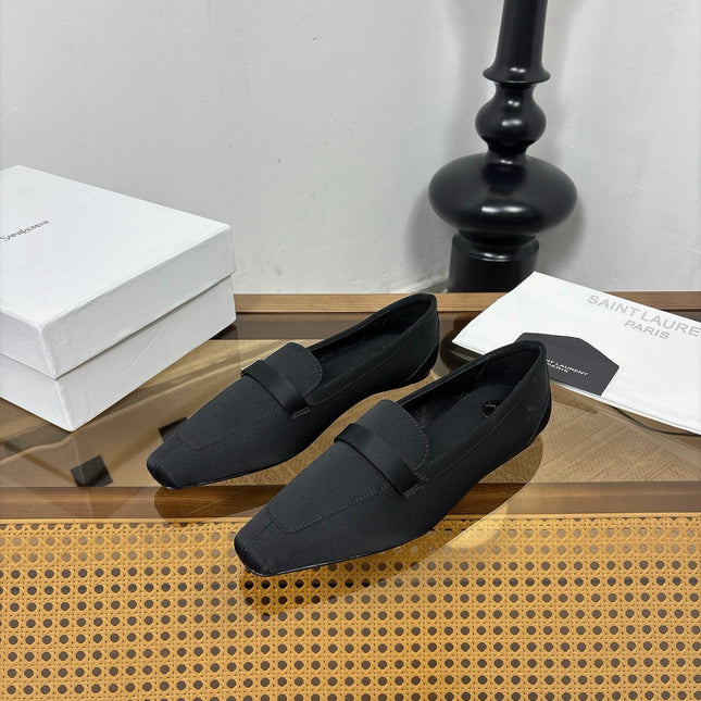 YSL 26S SQUARE-TOE LOAFERS IN BLACK SATIN