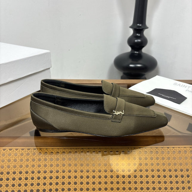 YSL 26S SQUARE-TOE LOAFERS IN MOSS GREEN SATIN