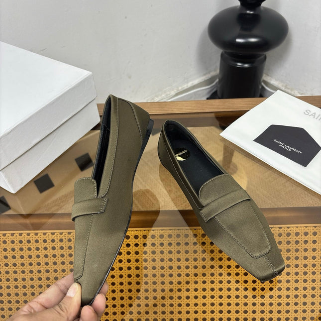 YSL 26S SQUARE-TOE LOAFERS IN MOSS GREEN SATIN