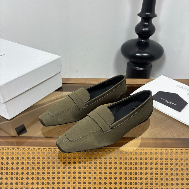 YSL 26S SQUARE-TOE LOAFERS IN MOSS GREEN SATIN