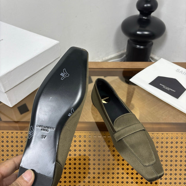 YSL 26S SQUARE-TOE LOAFERS IN MOSS GREEN SATIN