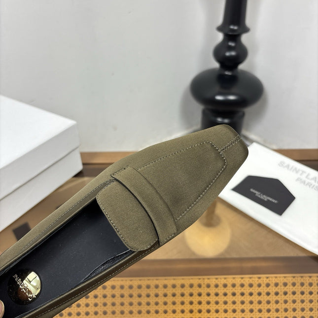 YSL 26S SQUARE-TOE LOAFERS IN MOSS GREEN SATIN