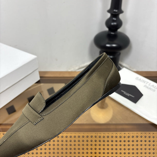 YSL 26S SQUARE-TOE LOAFERS IN MOSS GREEN SATIN