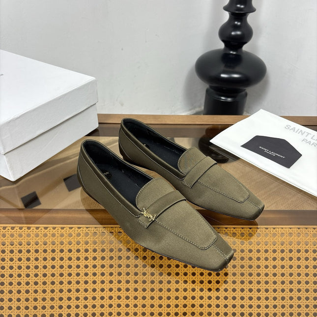 YSL 26S SQUARE-TOE LOAFERS IN MOSS GREEN SATIN