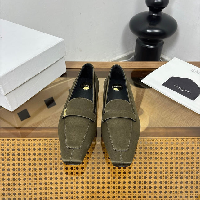 YSL 26S SQUARE-TOE LOAFERS IN MOSS GREEN SATIN