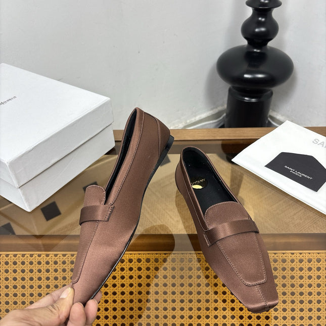 YSL 26S SQUARE-TOE LOAFERS IN BROWN SATIN