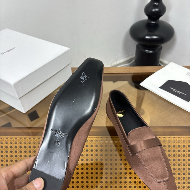 YSL 26S SQUARE-TOE LOAFERS IN BROWN SATIN